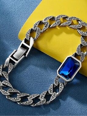 Sterling Silver Link Bracelet with Blue Accent